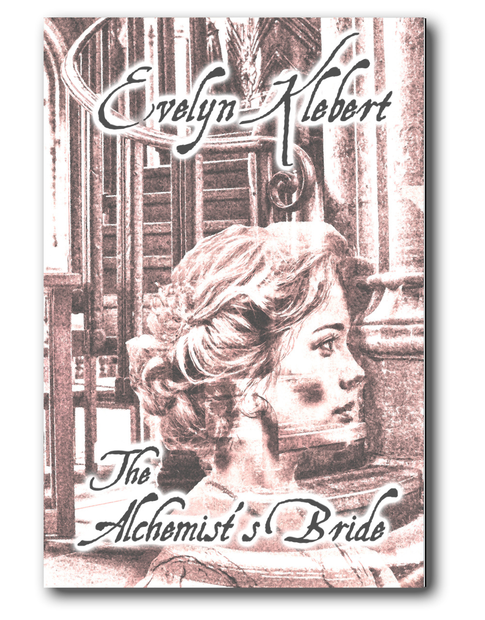 A woman's translucent profile in front of a ghostly staircase